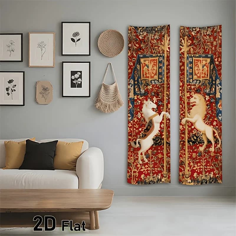 2pcs Medieval Unicorn Wall Tapestry - Royal Red Floral Suitable for & Home Decor, Vertical Hanging Banner with Unicorn Motifs