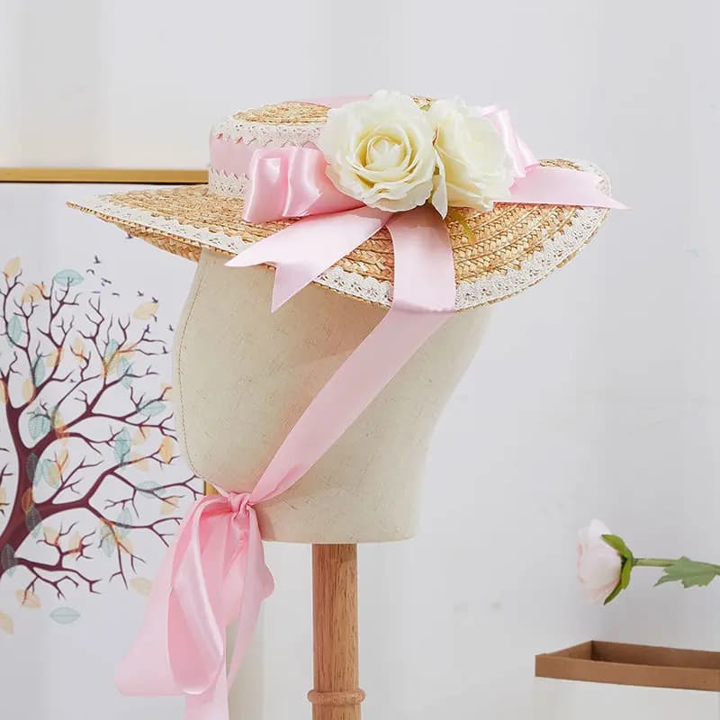 Sweet Lolita Straw Hats Medieval Vintage Floral Silk Ribbon Tea Party Women Caps Cosplay Accessories Prairie Chic Lace Flat Hat