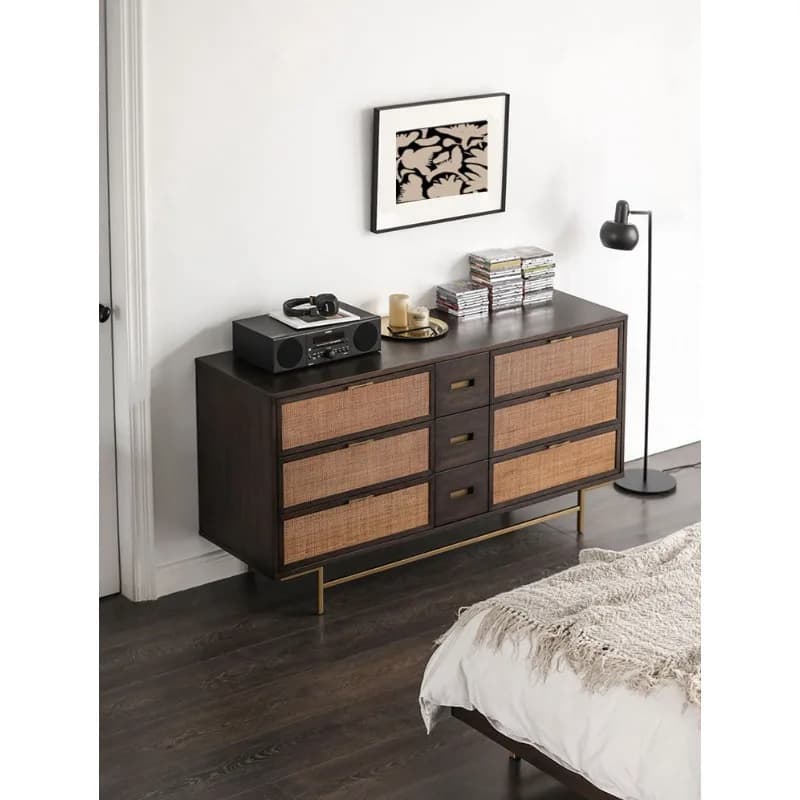 Medieval retro solid wood rattan rattan art 9 bucket cabinet, wabi sandy wind bedroom storage cabinet