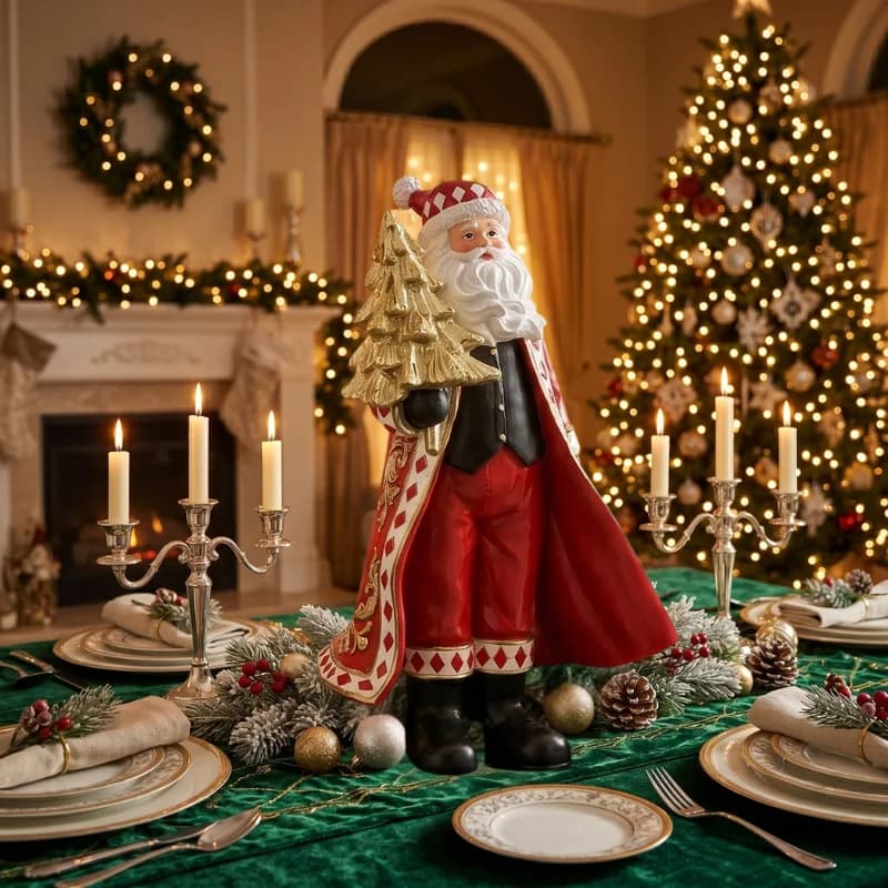 Resin Santa With Golden Xmas Tree Figurine Christmas Decor Vintage Desktop Ornament Home New Year Holiday Decoration Xmas Gift