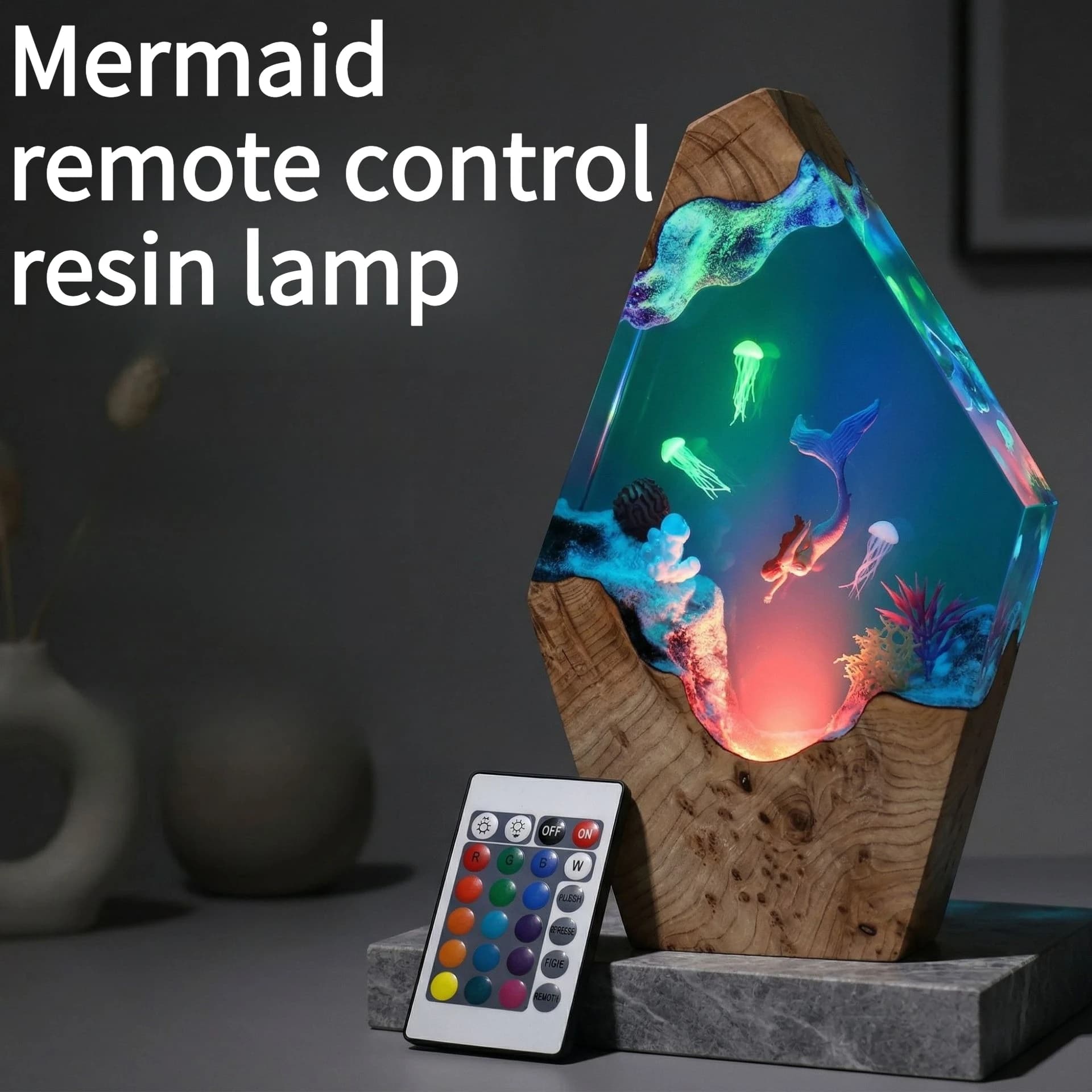 New Solid Wood Ocean Mermaid Jellyfish Remote Control Resin Lamp Home Atmosphere Nightlight Festival Gift