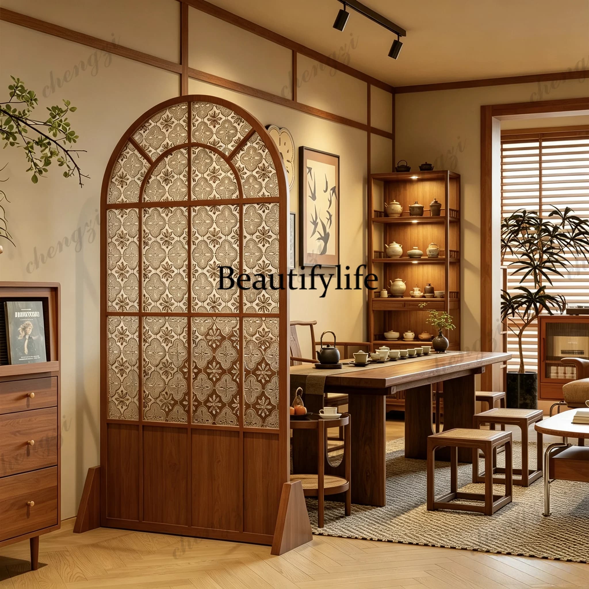 French medieval solid wood glass screen partition living room entrance entrance restaurant, movable