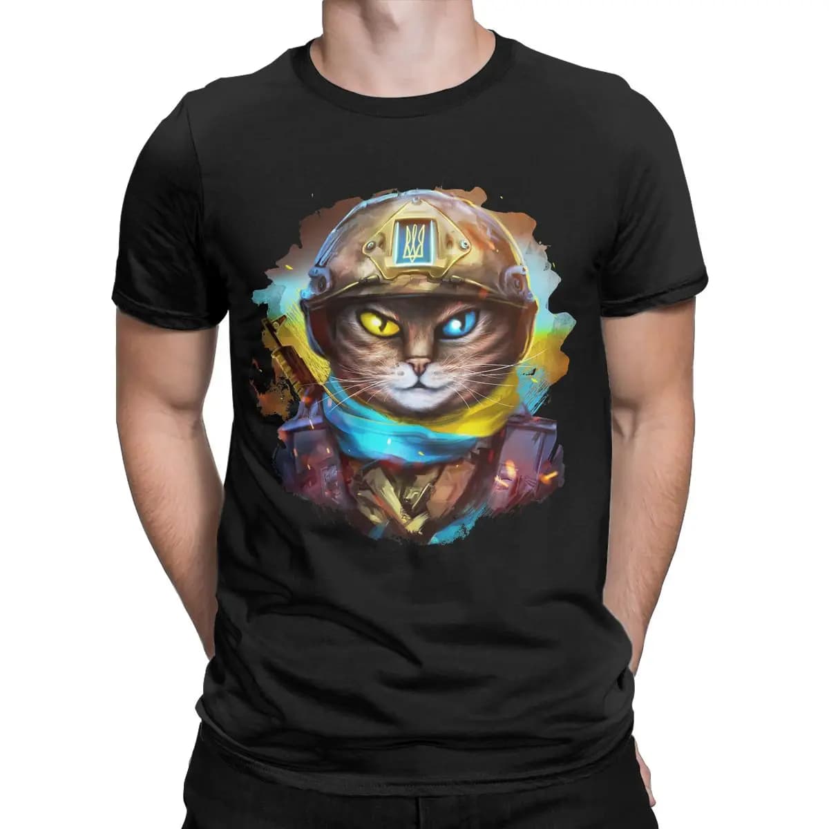Cat Ukrainian Soldier Defender of Ukraine Ukraine Pure Cotton Creative T-Shirt Round Collar Tees Short Sleeve Tops Plus Size
