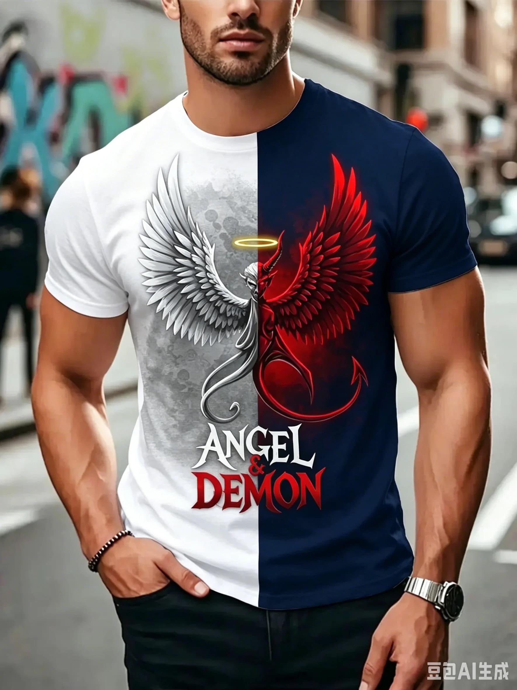 Men's Split Color Crew Neck T-Shirt, Angel & Demon Wing Graphic Print Short Sleeve Tee, Gothic Streetwear Casual Summer Top