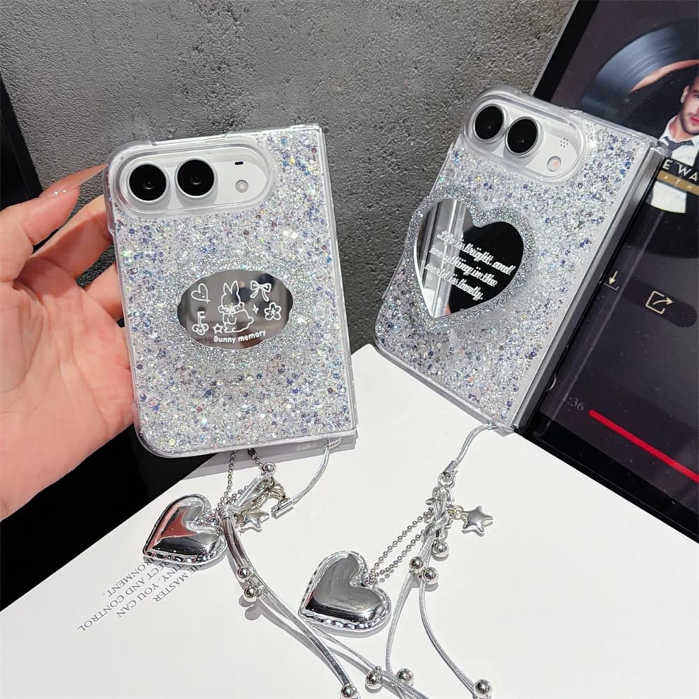 Korean Silver Glitter Cute Letter mirrorc Stand Magnetic Phone Case For iPhone Duo Cover with Chain Lovely Cases Hard Funda