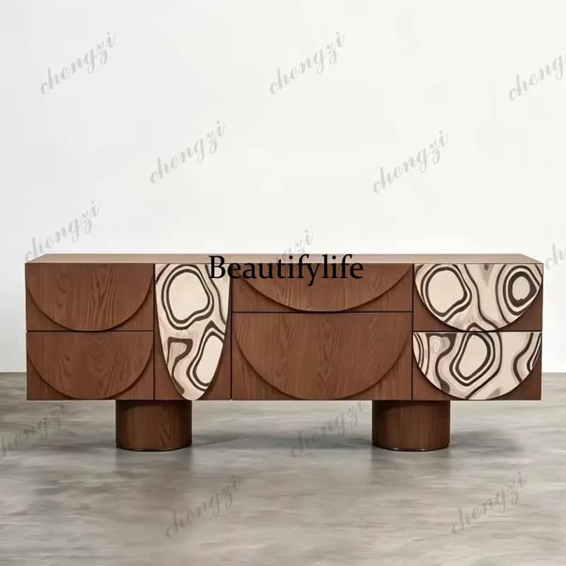 Medieval Solid Wood Entrance Cabinet Household Dining Side Cabinet Geometric Art Bedroom Locker