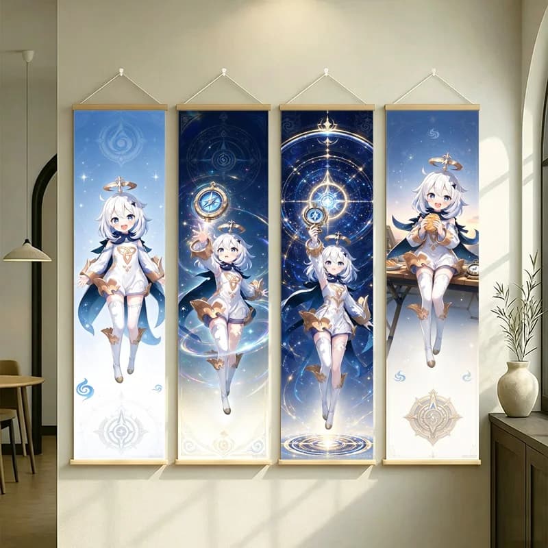 Hanging Scroll Wall Art of Genshin Impact Paimon with Blue Celestial Glow on Silver Shimmer Canvas for an Anime Bedroom