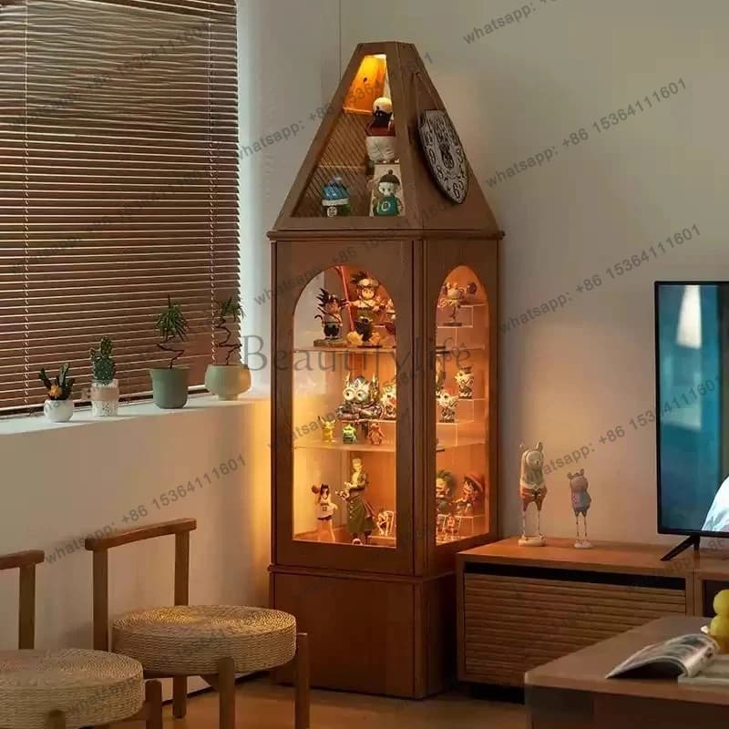 Solid wood display cabinet retro transparent glass door storage ornament mobile display designer high-end