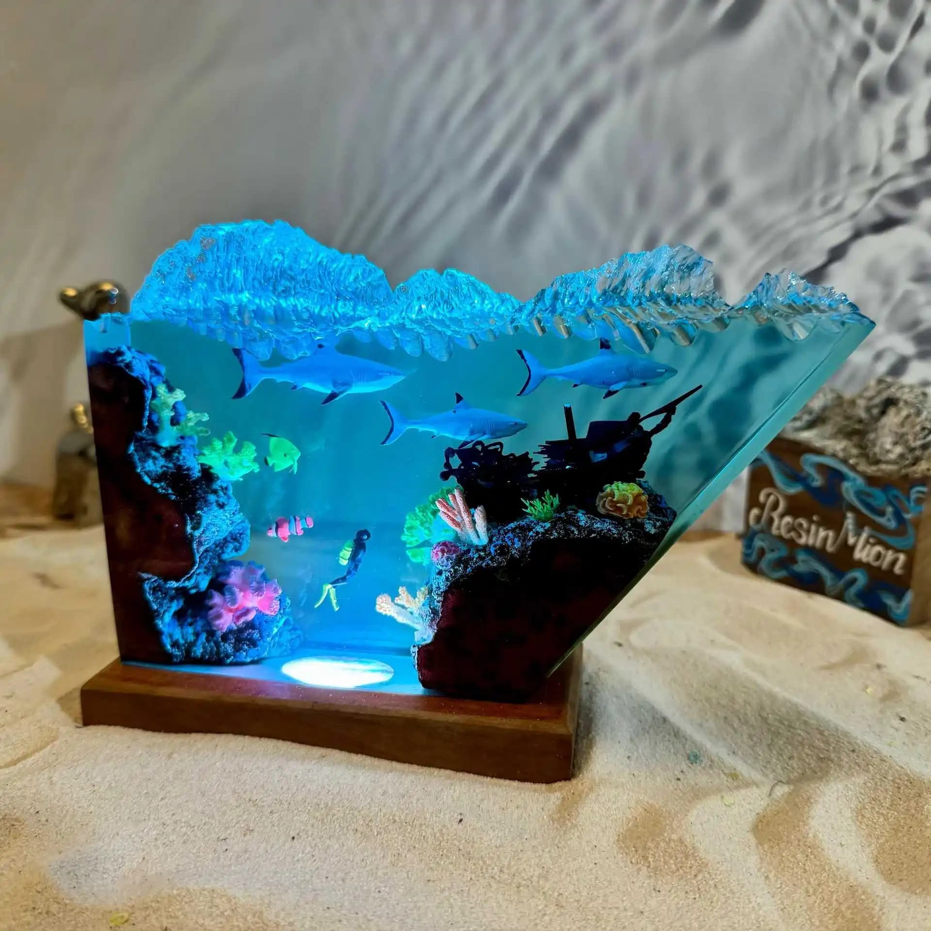 8X5 Inches Aquatic World Micro Home Art Decorative Craft Diving Suit and Shark Epoxy Resin Lamp Set Creative Gift