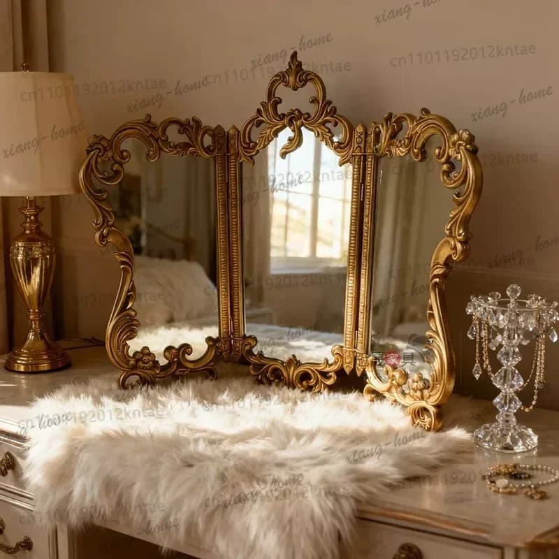 PG French retro makeup mirror European carved three-fold vanity mirror desktop folding delivery no mirror only frame