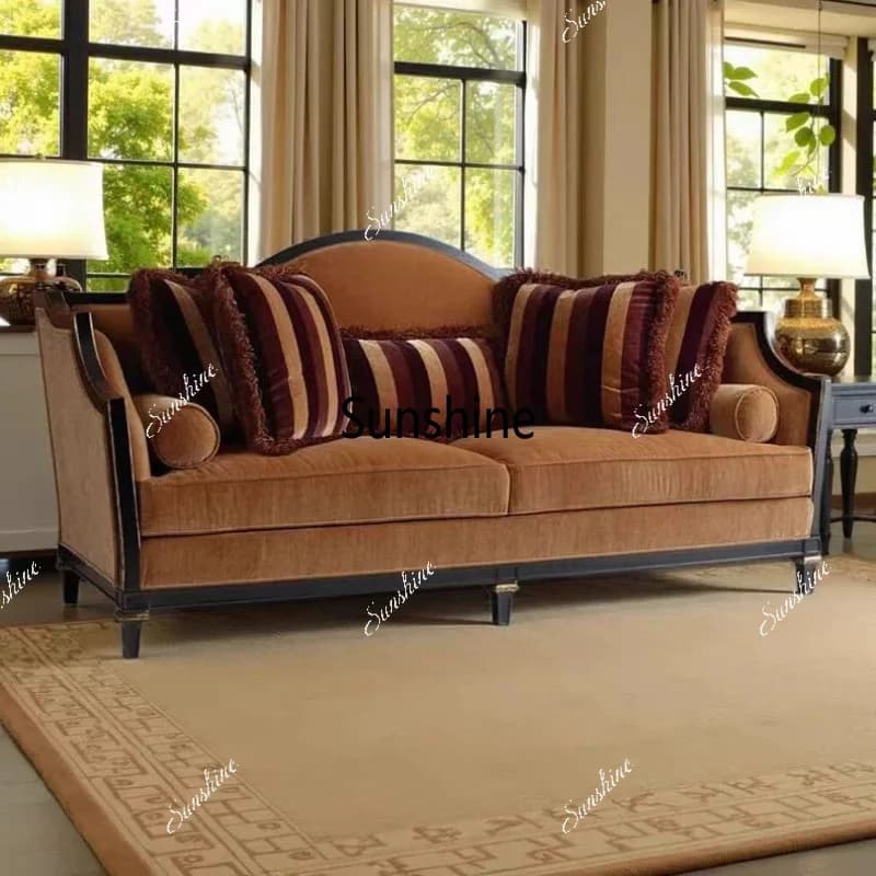 American retro style solid wood sofa high-end villa living room fabric, leisure