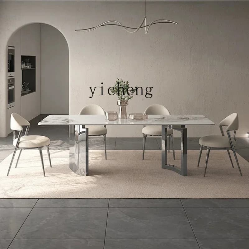 V6  stainless steel light luxury rock slab dining table modern simple high-end restaurant villa dining table personalized new