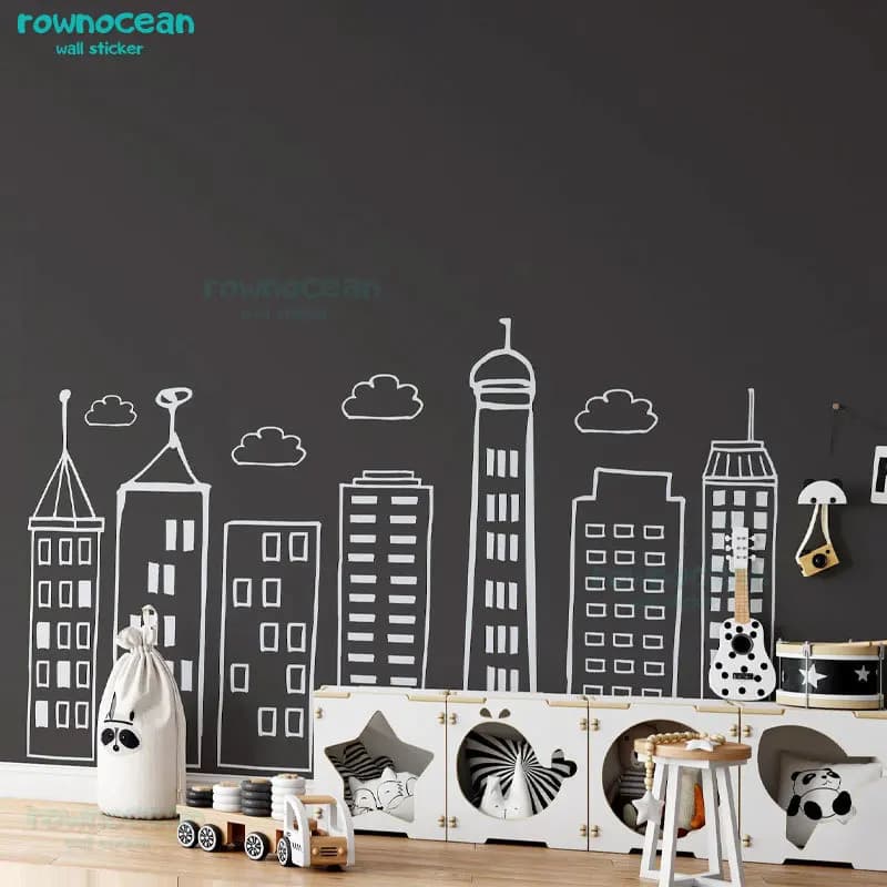 Large Doodled City Skyline Wall Decals Nursery Kids Room Playroom Preschool Decor Superhero Theme Room Stickers Wallpaper 3E02