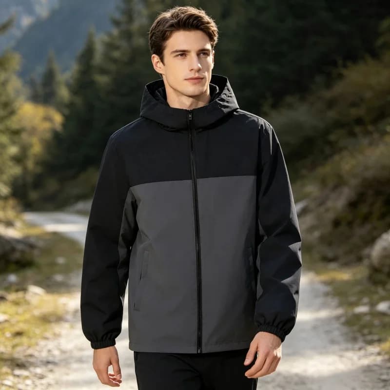 Men Clothing Hooded Spliced‑color Windbreaker Jacket Lightweight Waterproof Zipper Pocket Outdoor Tees Casual Sports Coat Tops
