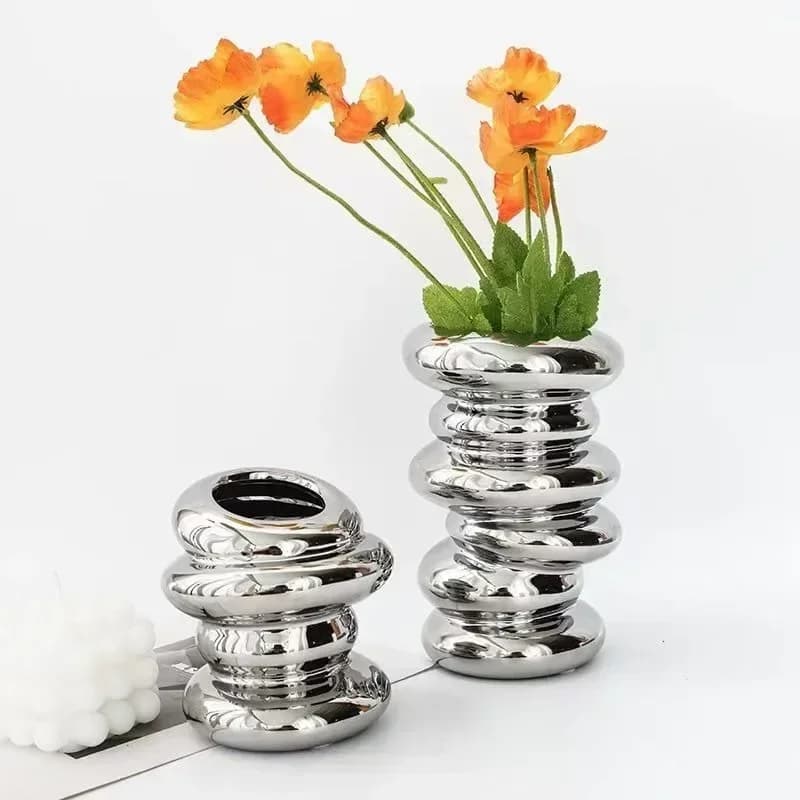 Nordic Ceramic Vase Modern Light Luxury Silver Swimming Circle Flower Vase Dining Table Ornaments Home Decoration Creative Gifts