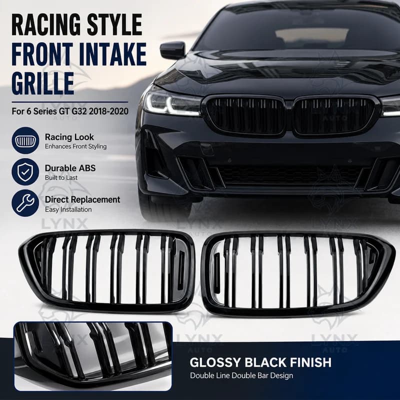 Modified For BMW 6 Series GT G32 2018-2020 Glossy Black Double Line Double Bar Front Intake Grille Racing Style
