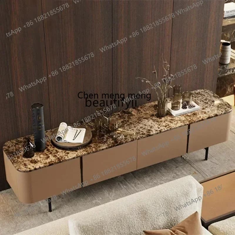 Q178 CC  Smoked oak TV cabinet Modern light luxury imported saddle leather living room marble surface low cabinet53