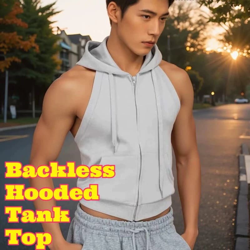 Unisex Backless Hooded Sleeveless Hoodie Tank Top Short Slim Fit Elastic Zipper Sporty Vest Gray Green Athletic Gym Workout