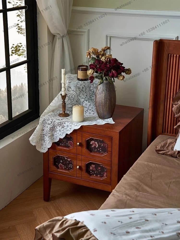 yj58 French retro all solid wood bedside table modern simple bedroom home creative medieval edge cabinet designer