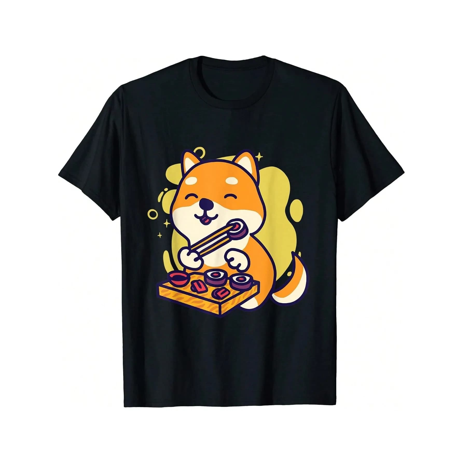 Cute Shiba Inu Eating Sushi Graphic T-Shirt Soft Breathable Cotton Casual Tee Gift