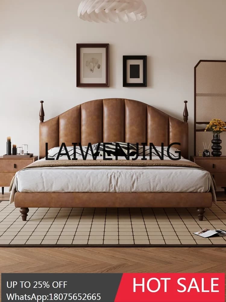 Retro Leather Bed Antique Style Oil Wax Light Luxury Master Bedroom First Layer Cowhide Double Storage Leather Bed