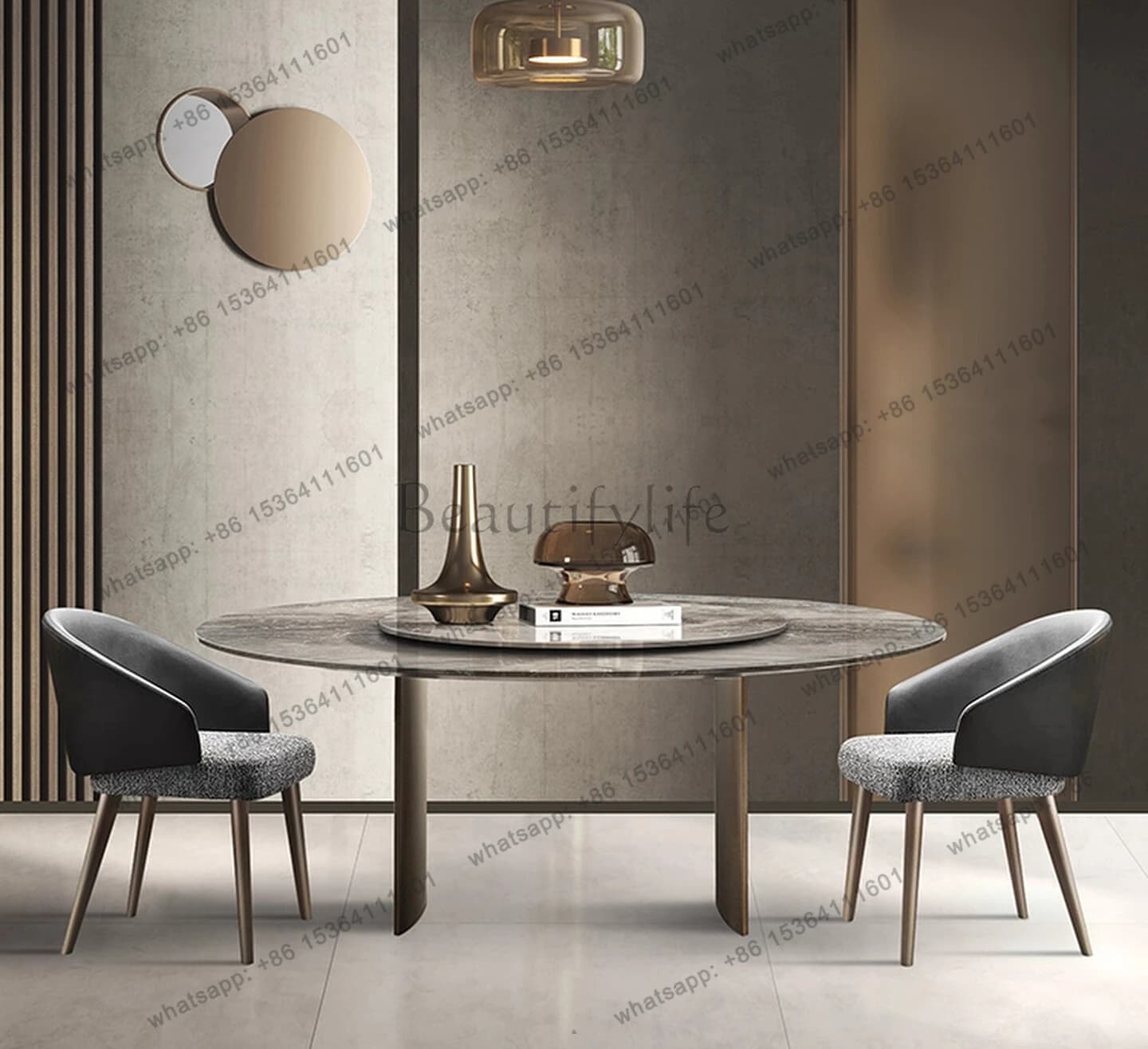 Dining table Venice brown marble round table modern simple light luxury round high-end