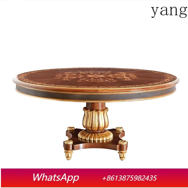 LMM solid wood dining table, new living room, vintage distressed carved villa, luxury round table