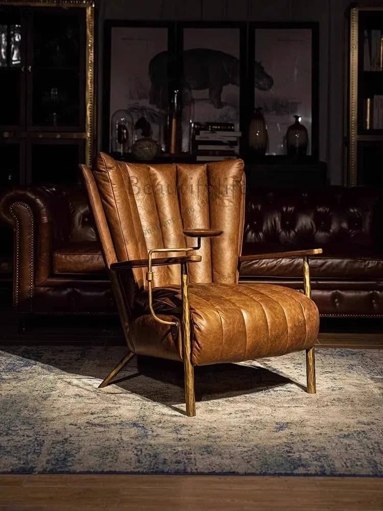 Retro Style Oil Wax Genuine Leather Handcrafted Chaise Longue Vintage Tiger Chair Single Sofa Cigar Chair