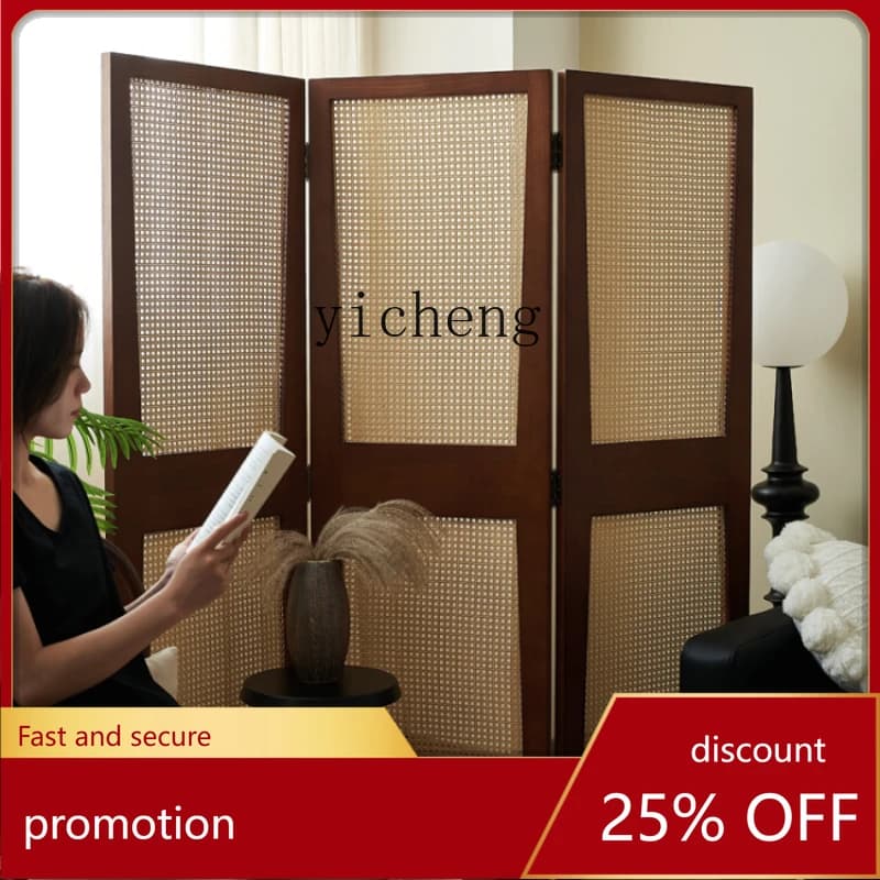 CZ Retro Folding Screen Movable Entry Block Solid Wood Rattan Partition Simple