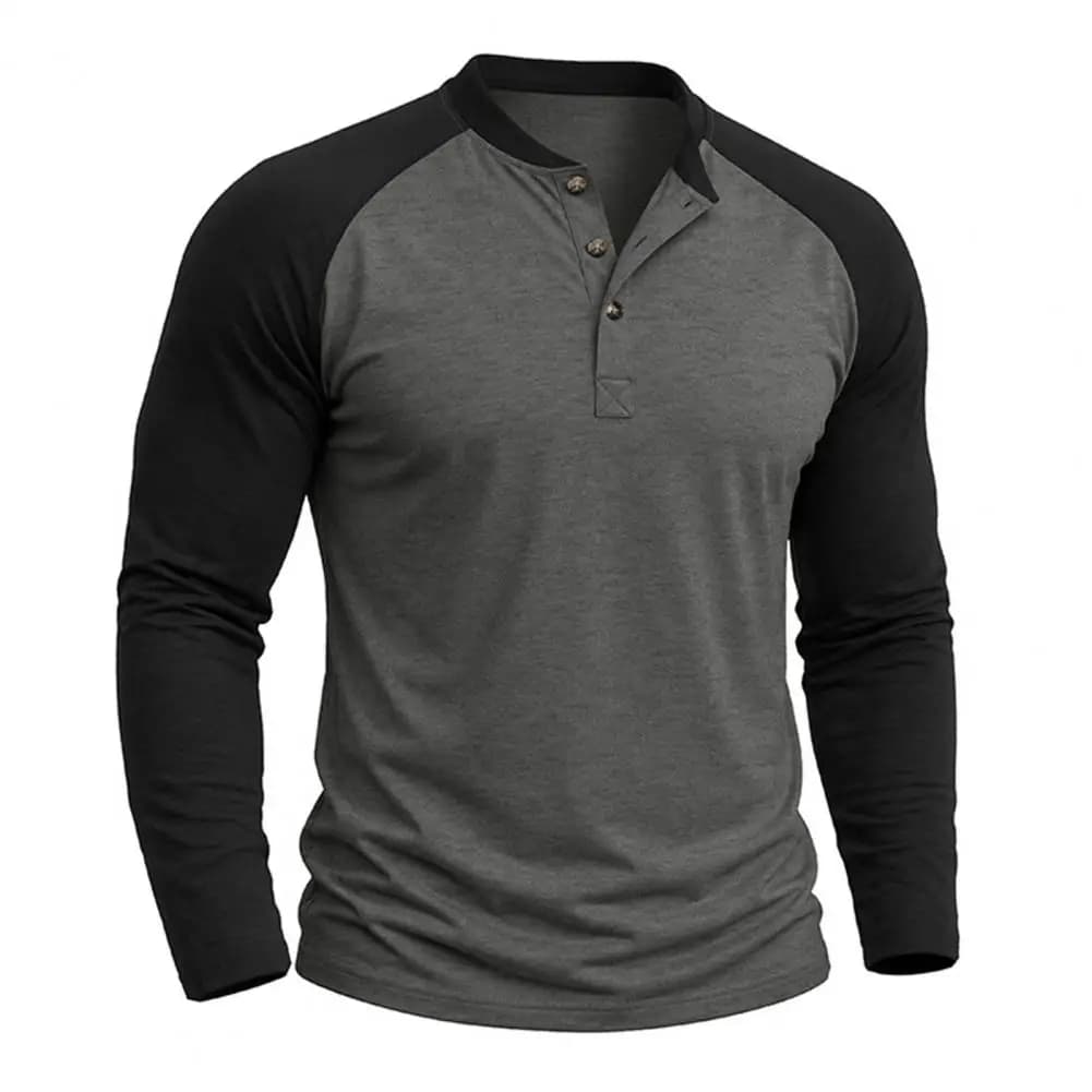 Men Raglan Shirt, Color Block Long Sleeve T-Shirt, Button Neck Vintage Basic Tee Top for Gym Street Daily Wear Gift for Men
