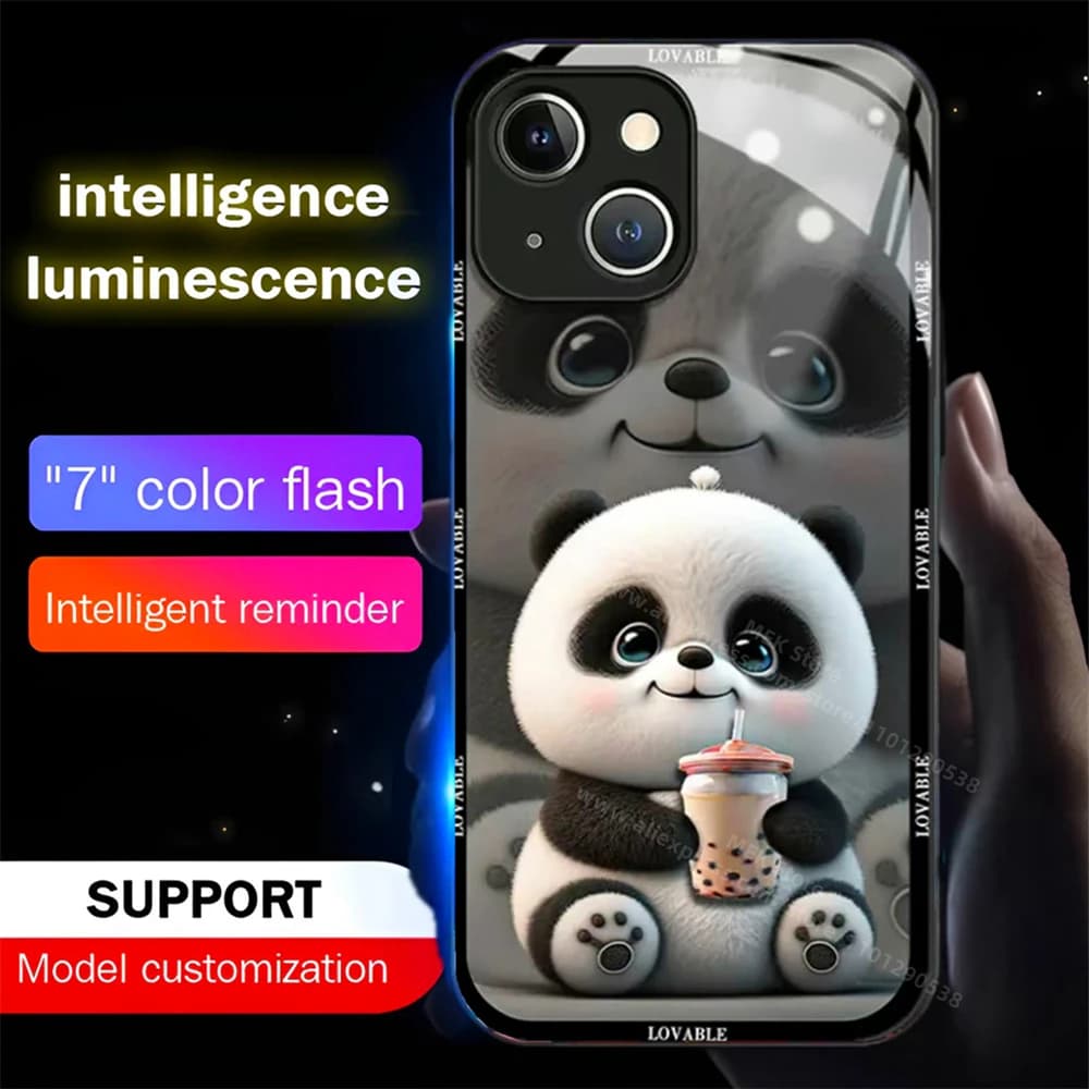 3D Milk Tea Panda LED Calling Light Flash Phone Case Smart Luminous Cover For Samsung S25 S24 S23 S22 S21 S20 FE Note Plus Ultra