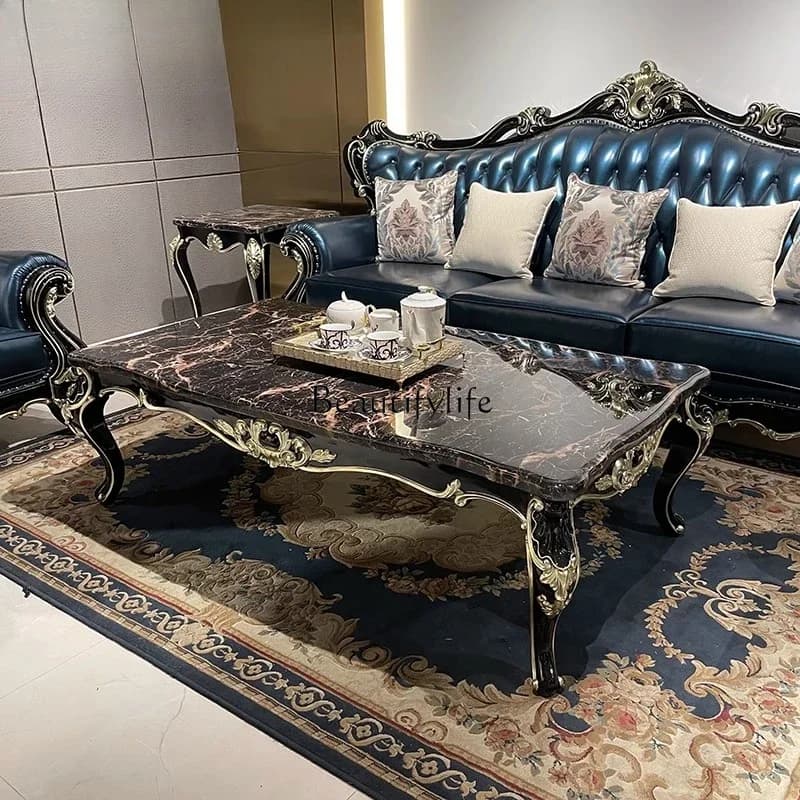 yj7  French solid wood large coffee table, European small apartment rectangular solid wood living room neoclassical marble tea t