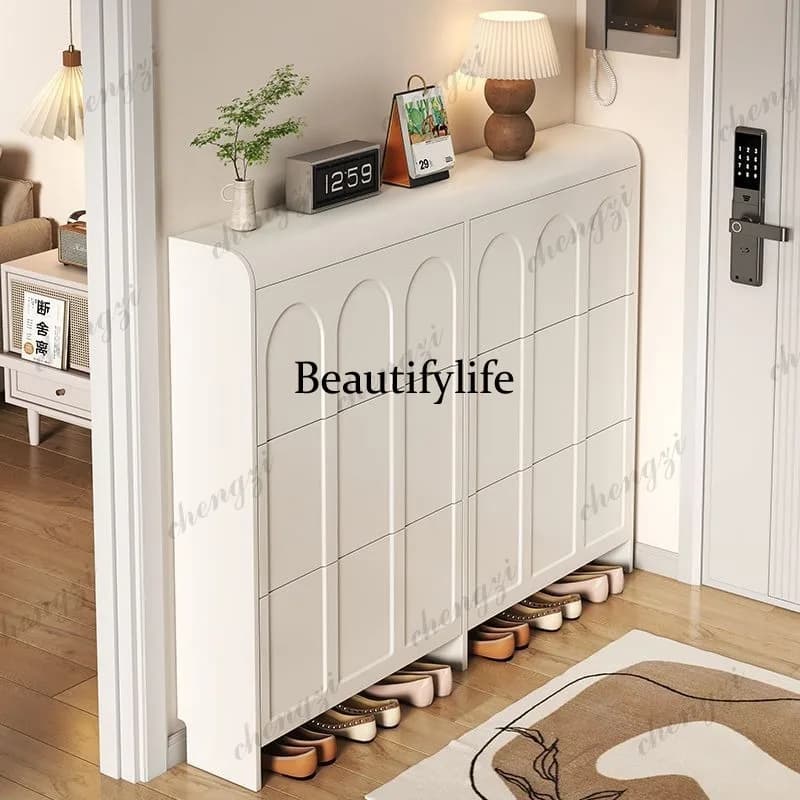 A73 cream wind ultra-thin tipping bucket shoe cabinet household entrance cabinet integrated simple storage shoe rack