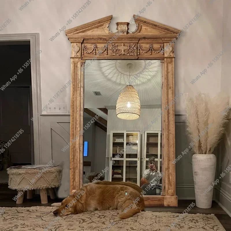 J Vintage Full-length Mirror, French Carved Dressing Mirror, Bedroom Fitting Mirror,  Special-shaped Floor Mirror