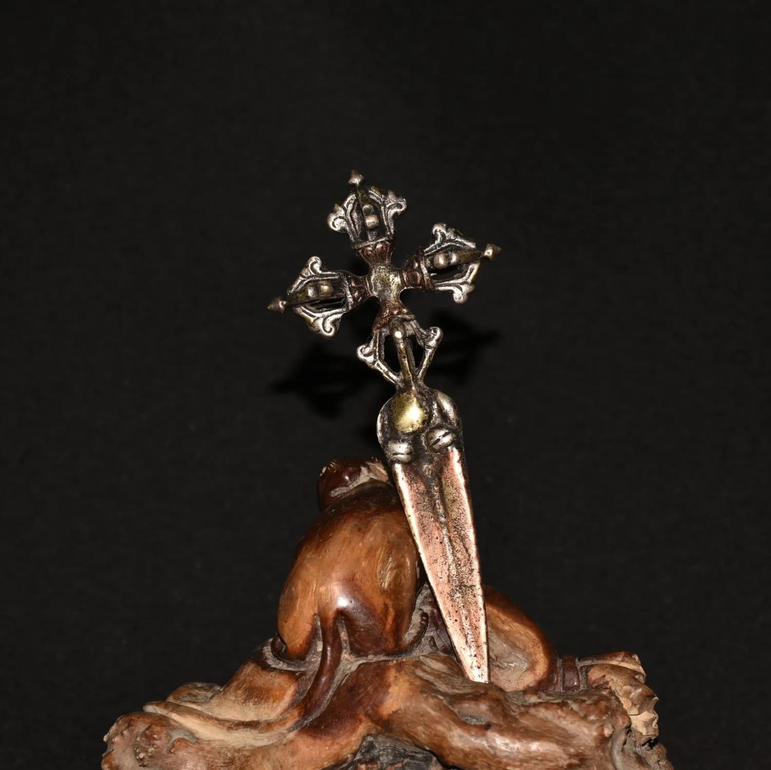 6"Tibetan Temple Collection Old Bronze Gilded Cross Dorje Vajra Beast head Phurpa Amulet Dharma Town house Exorcism