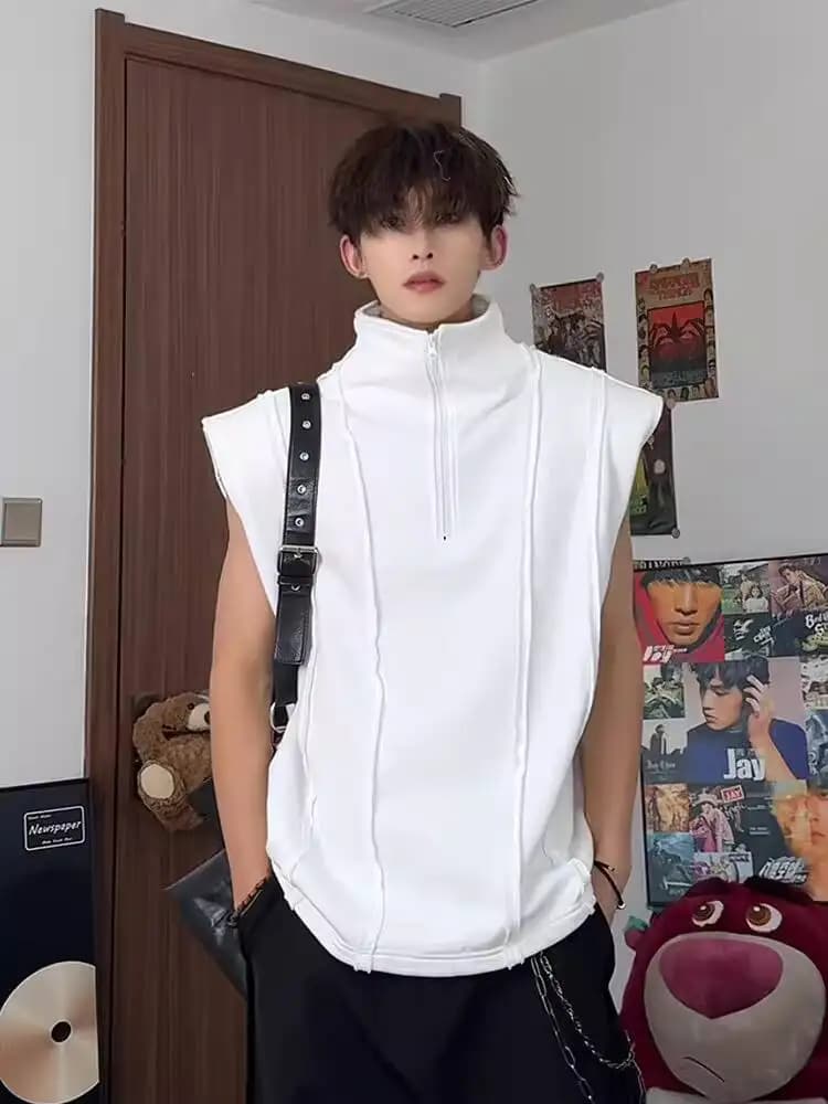 Man Sleeveless T-shirt 2026 New Design Half Zip Sleeveless Vest For Men Summer Padded Shoulder T Shirt American Style Tank Top