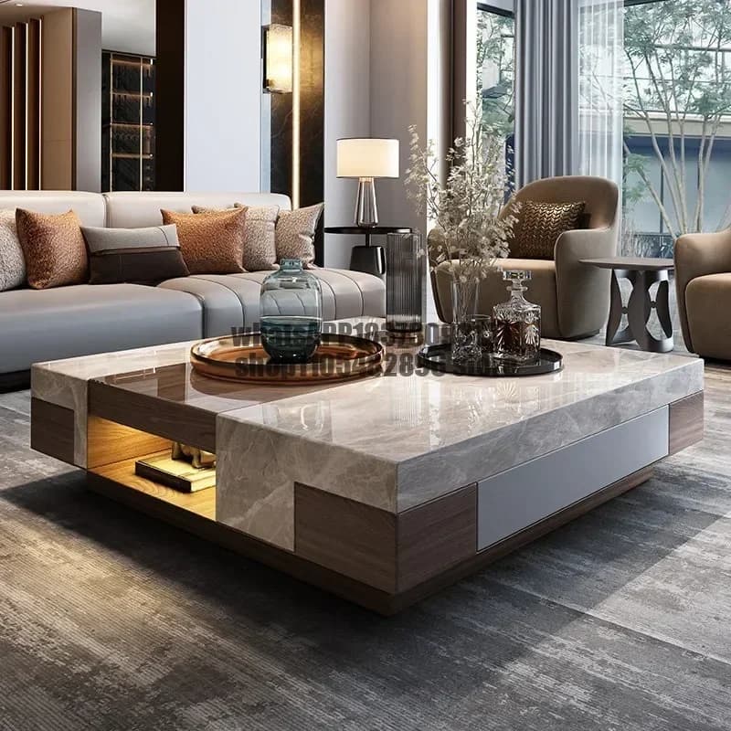 High-end all-solid wood square marble coffee table modern simple villa living room household type