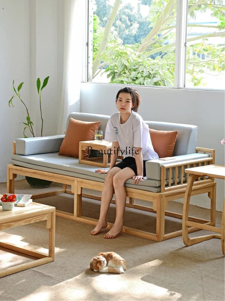 54New Chinese-style solid wood sliding bed ash wood small apartment living room elm sofa