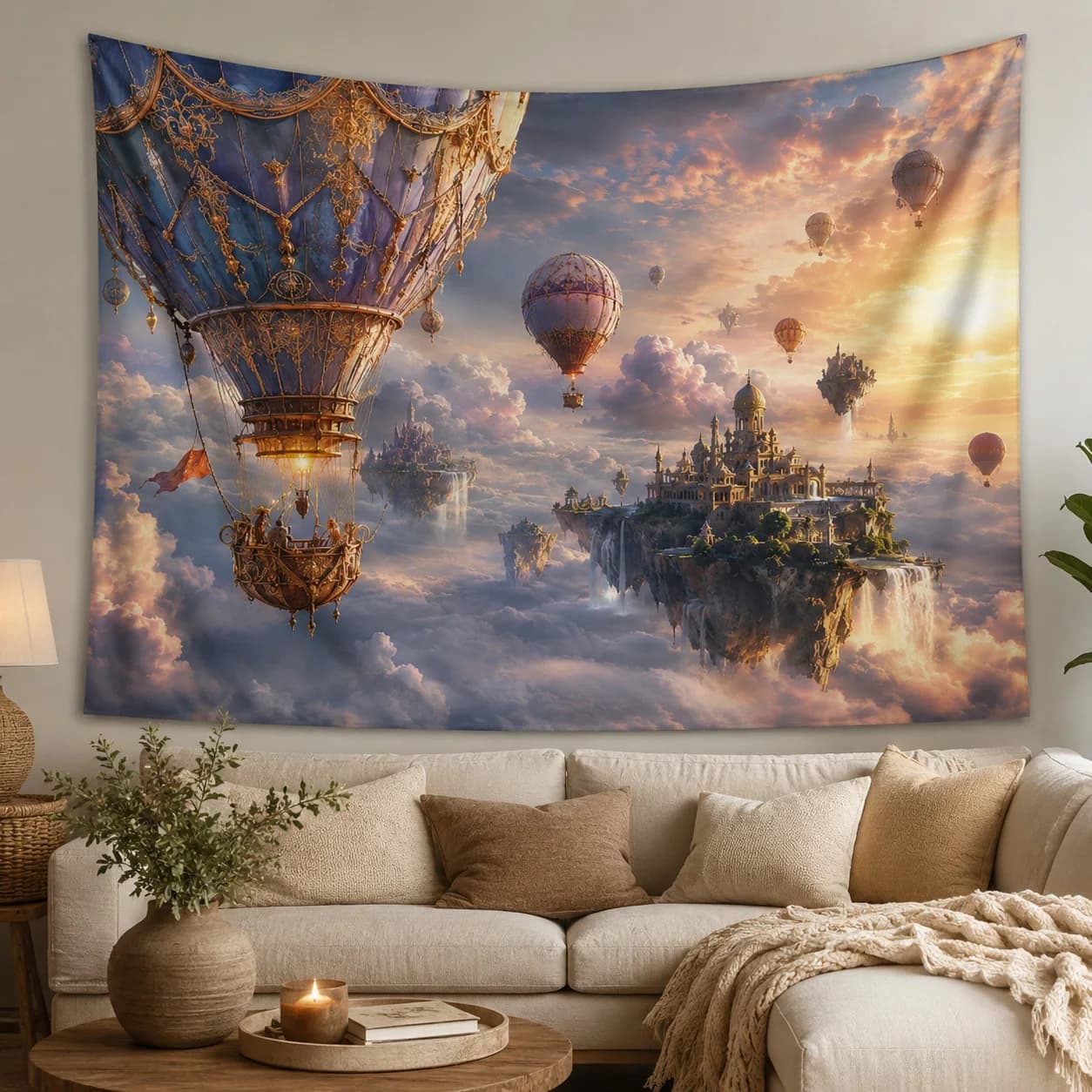 Magical Fantasy Sky Tapestry Vintage Ornate Hot Air Balloon Floating Island Castle Wall Art, Aesthetic Photo Backdrop