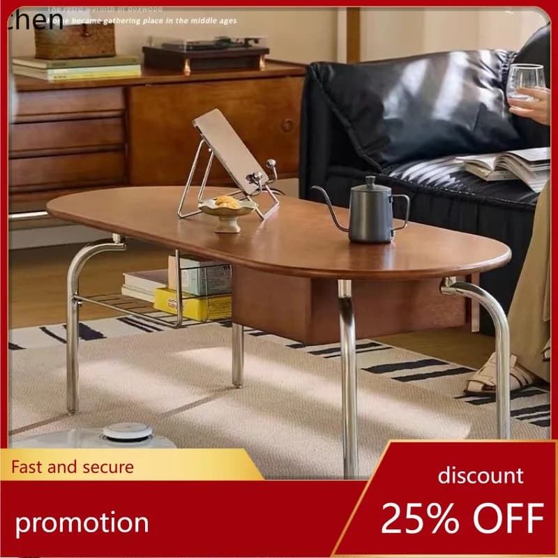 ZML Solid Wood Coffee Table Stainless Steel Design with Drawer Multifunctional Vintage Small Table