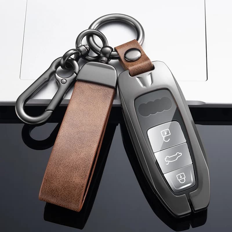 New Metal Leather Car Key Cover Case For Audi A6 A6L A7 A8 Q8 E-tron C8 D5 2018 2019 2020 Auto Key Holder Shell Accessories