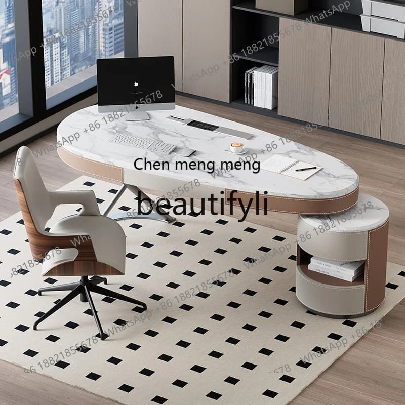 2003Light luxury minimalist saddle leather solid wood desk household slate desk high-end computer desk