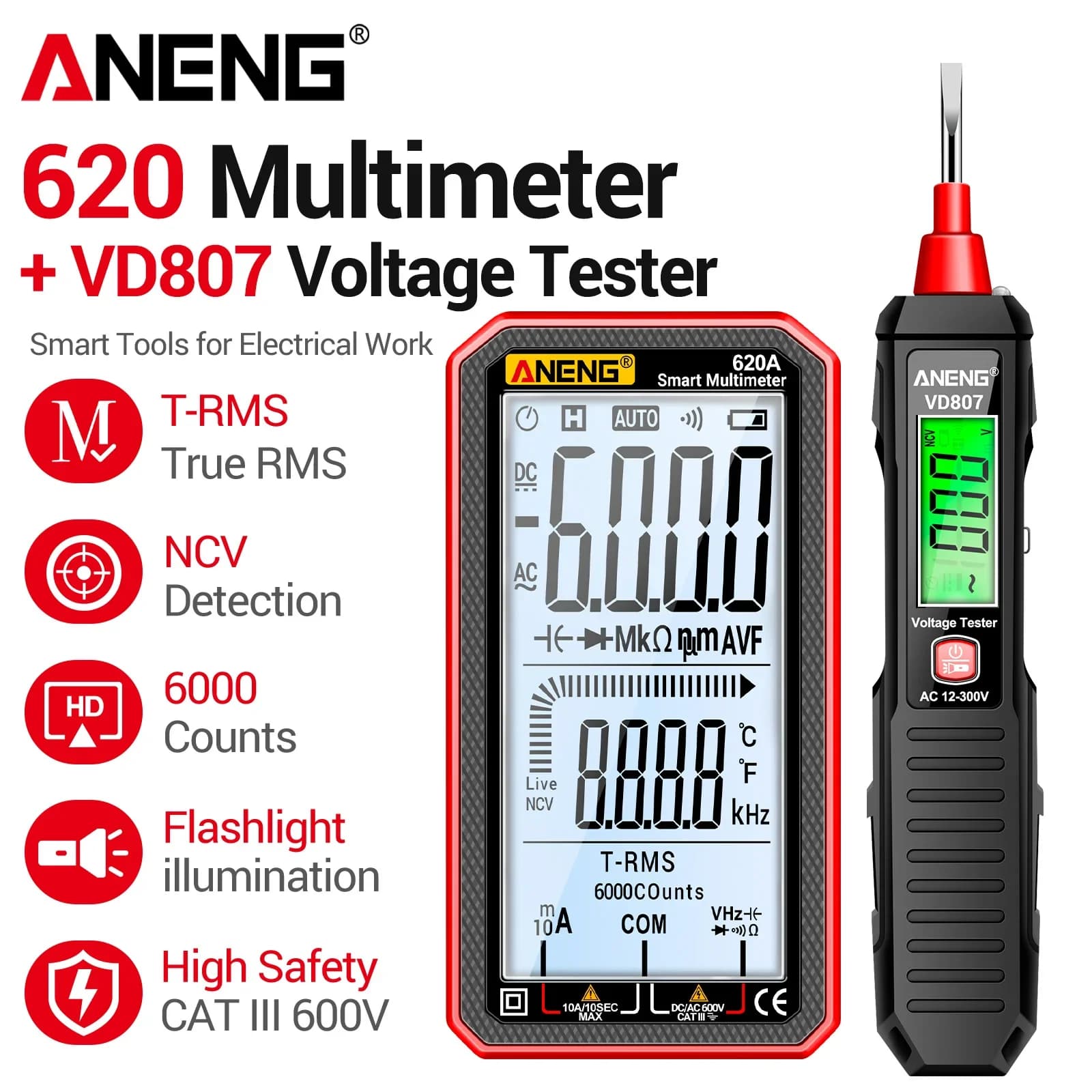 ANENG 620A digital multimeter+VD807 measure pen for full range measurement of AC/DC current and voltage electrician maintenance