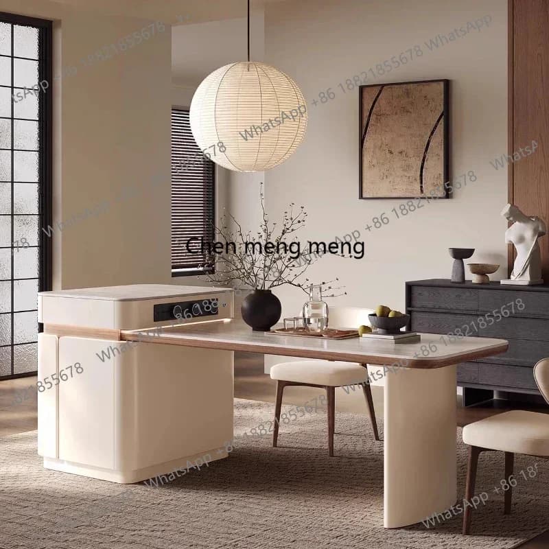 Luxury Dining Table Island Table Integrated Household Retractable French Cream Wind Light Rock Slab Simple And Advanced Sense