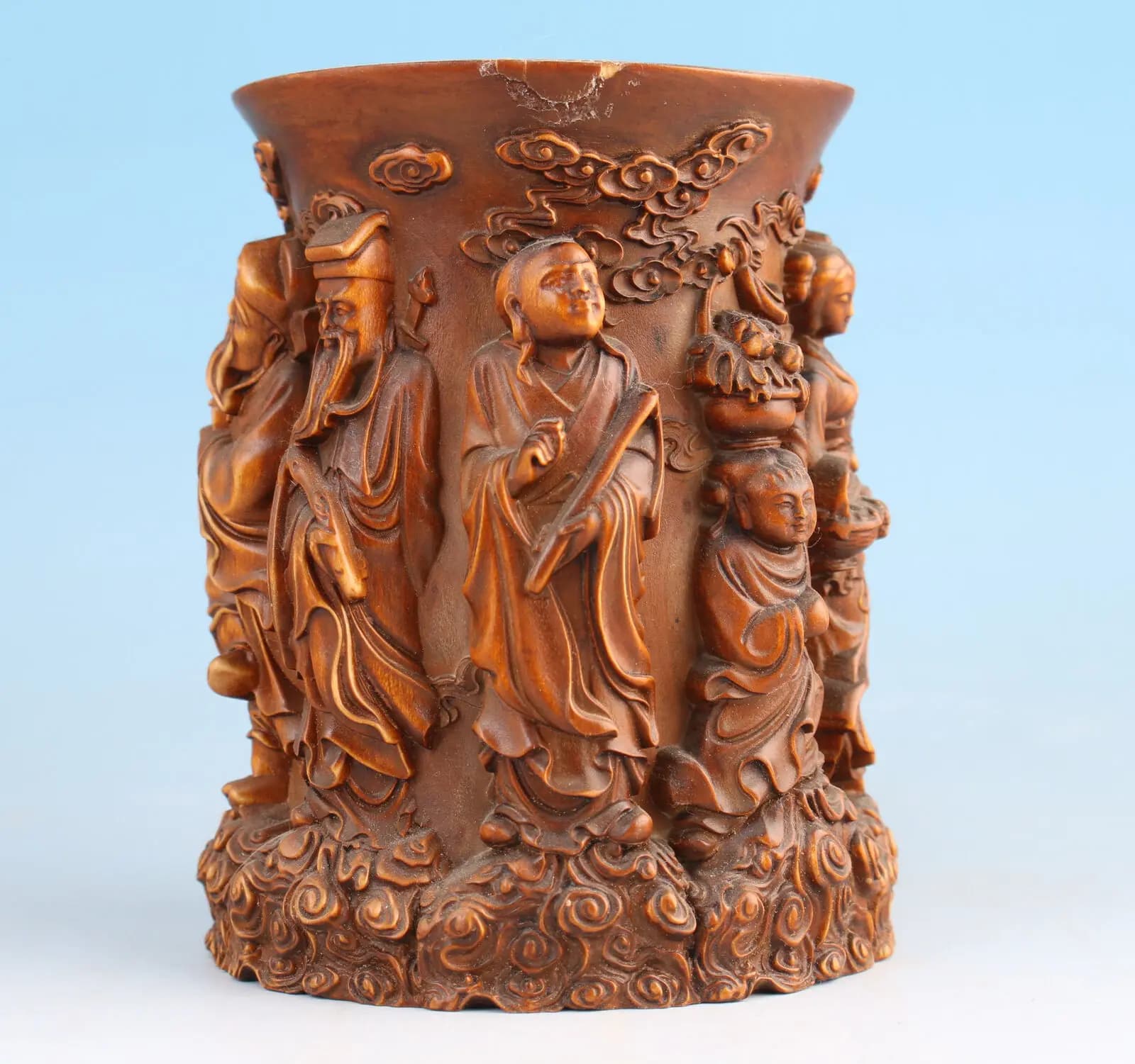Have flaw old boxwood wooden 8 buddhas Figure statue collectable brush pot decor