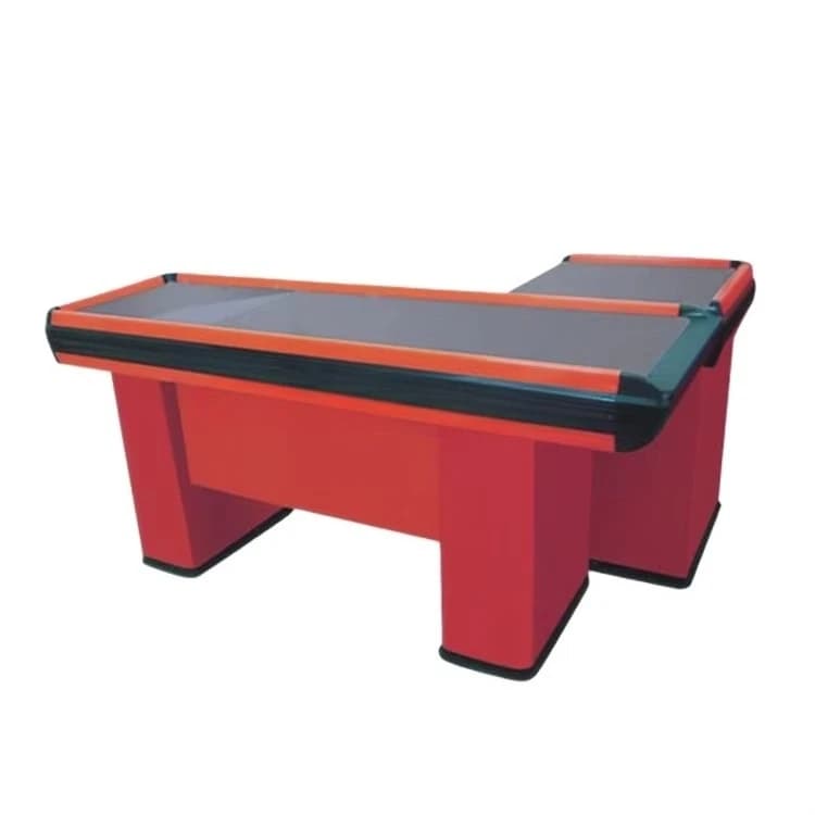 Express supermarket counter checkout page with metal bag rack