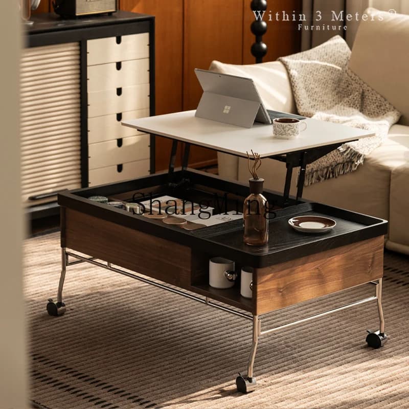 CLmedium and ancient solid wood sofa side cabinet mobile lifting rock slab coffee table folding living room multi-functional