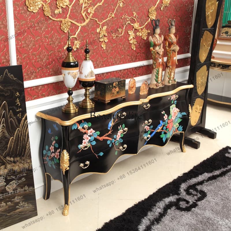 X4 --*European neoclassical French new Chinese style black painted peony villa high-end entry solid wood entrance foyer cabinet