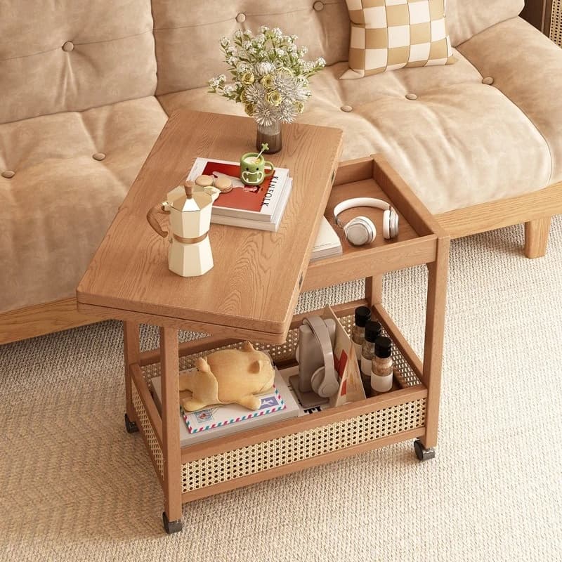 Movable coffee table side table Solid wood medieval trolley Living room Wheeled sofa Side cabinet Small apartment folding table