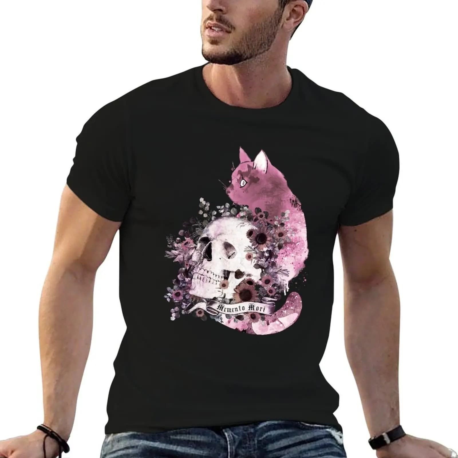 Cat and floral Skull with flowers and leaves , memento mori, cat skull, witch, goth, watercolor T-Shirt
